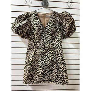 Ximma Brown Multi Cheetah Print Jacquard V-Neck Puff Sleeve Mini Dress Size L